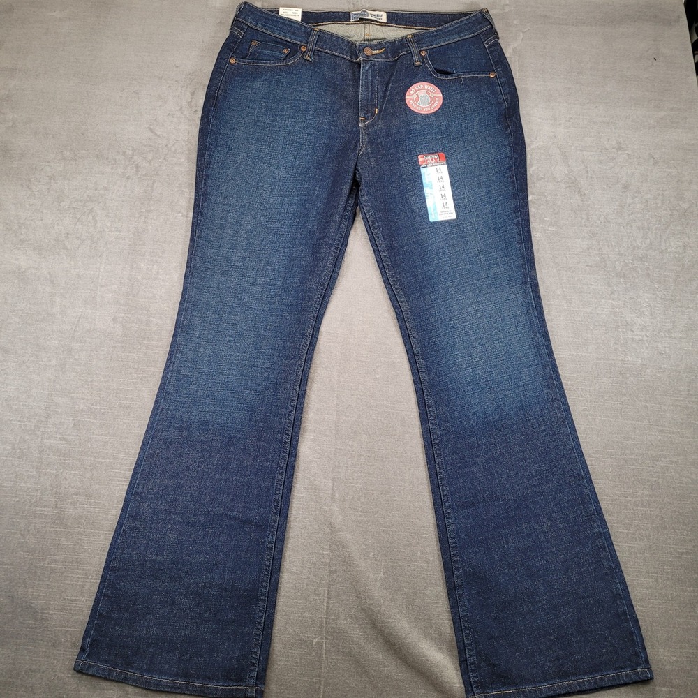 Signature Levi Women 14 Long Low Rise Bootcut Jeans Dark Wash Blue New